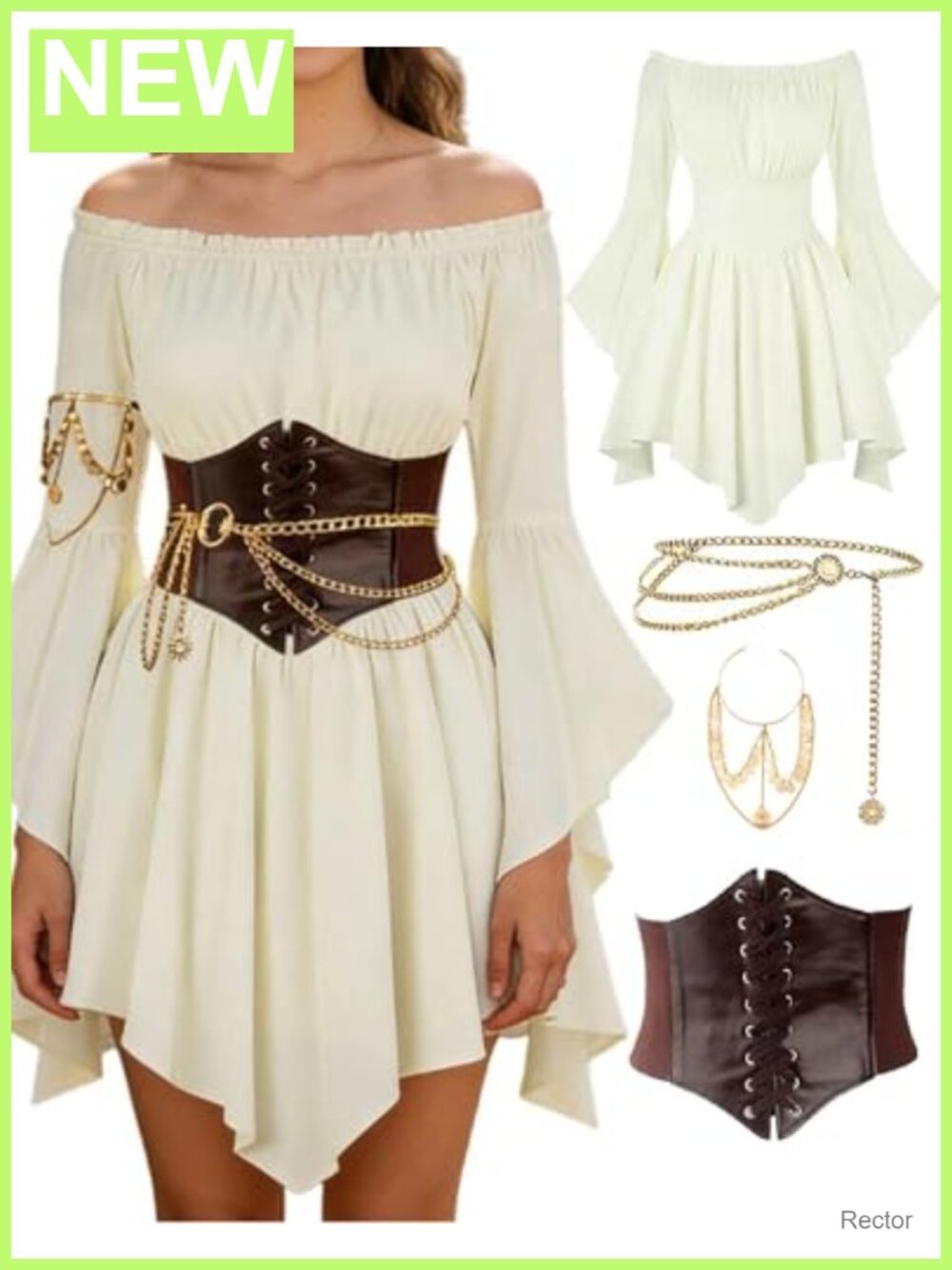 Renaissance Pirate Costume Set Off-Shoulder Dress PU Leather Corset Chain Belt